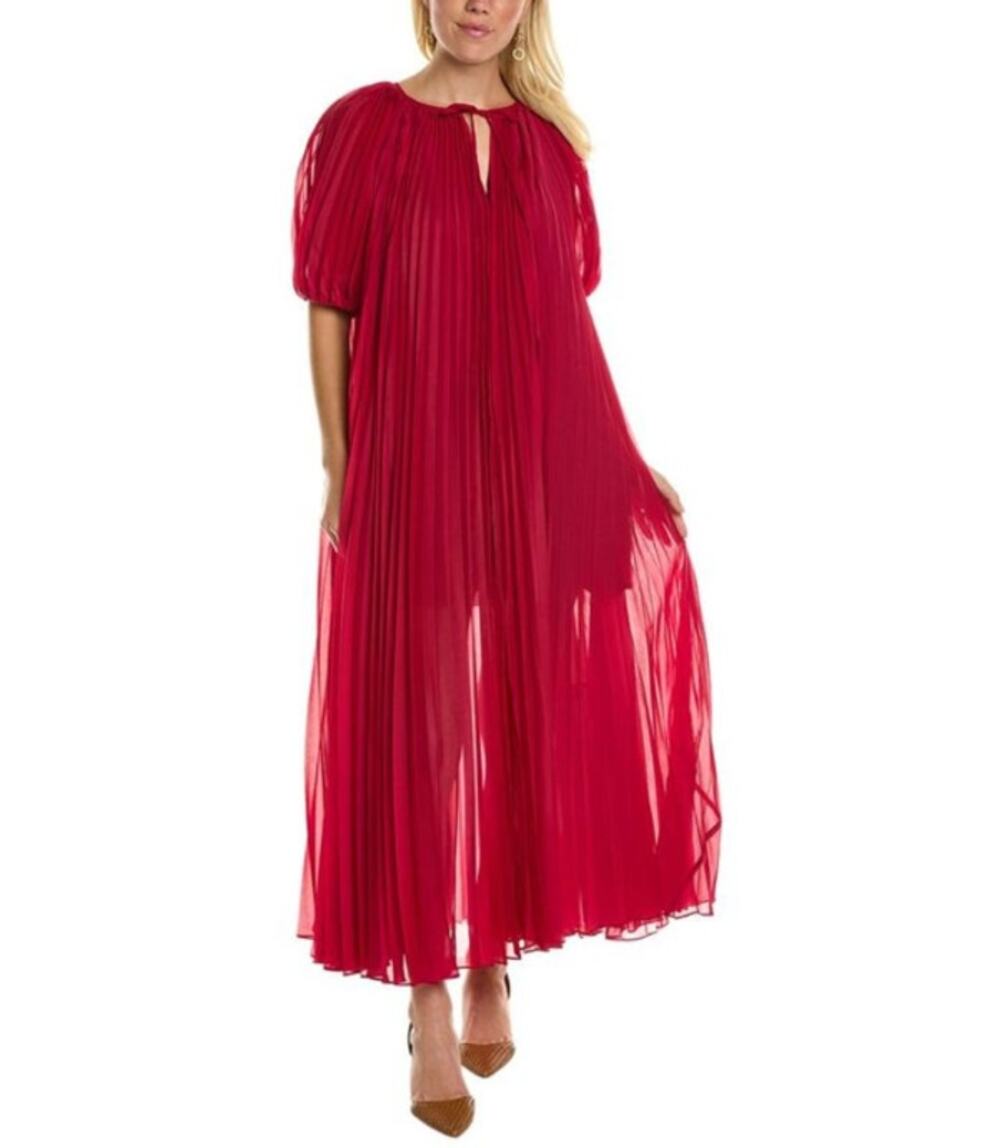 Rebecca Taylor Sunburst Red Hibiscus Pleat Maxi Dress Elbow Sleeve Women's Small